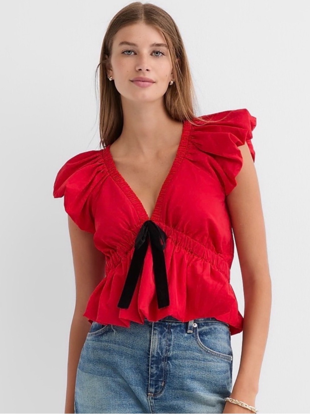 LOFT red velvet bow flutter peplum top